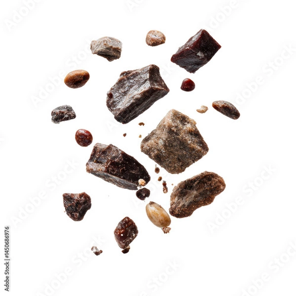 Fototapeta Delicious chocolate chunks and nuts floating on a black background food on transparent background