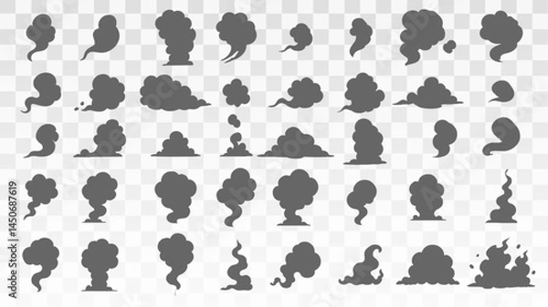 Fototapeta Vector set of smoke silhouettes in various shapes including columns, swirls, and puffs. 