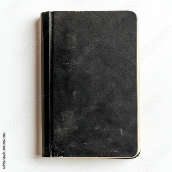 Fototapeta a single closed notebook with a black cover, top view, white backdrop 