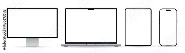 Obraz Realistic set of monitor, laptop, tablet, and smartphone. Modern digital devices collection. Vector illustration isolated on white background.