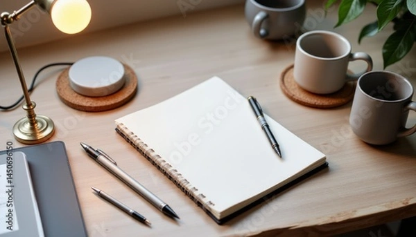 Fototapeta A desk with a notebook, pens, and cups