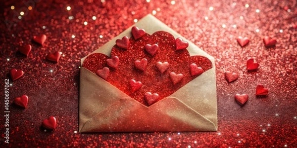 Fototapeta A delicate envelope filled with red hearts on a sparkling background, a symbol of love and affection