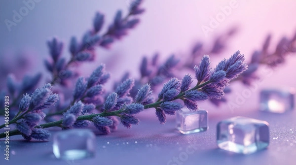Obraz Illustrative lavender sprigs with ice cubes on a glittery surface. Soft purple and pink hues create a serene, dreamy atmosphere.

