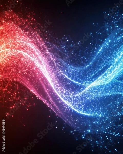 Obraz Abstract Energy Wave Flowing with Red and Blue Light Particles on a Dark Background Capturing Dynamic Movement and Futuristic Technology in a Digital Art Style