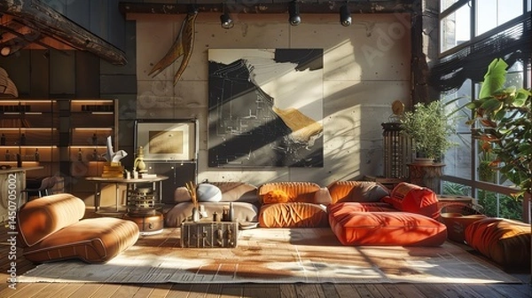 Obraz Sun-drenched loft living room.  Warm, earthy tones.  Modern modular seating arranged around a low coffee table.