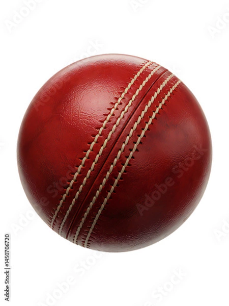 Fototapeta Close-up view of a red leather cricket ball with white stitching against a black background