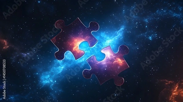Fototapeta Two puzzle pieces, cosmic nebulae,  interlocking in deep space.  Pieces glow with vibrant,  overlapping colors