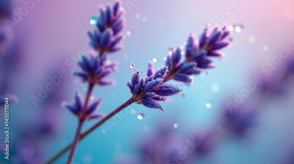 Obraz Illustration of lavender flowers with water droplets. Vibrant purple and blue tones create a fresh, serene, and dreamy atmosphere.
