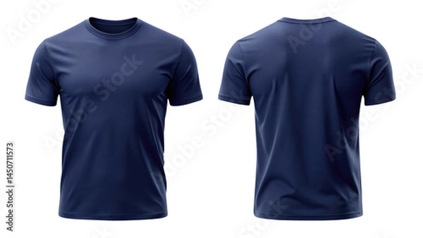 Fototapeta navy blue t shirt round neck front and back side template isolated on transparent white background, clipping path
