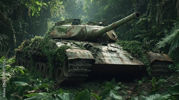 Fototapeta Military tank in lush forest environment