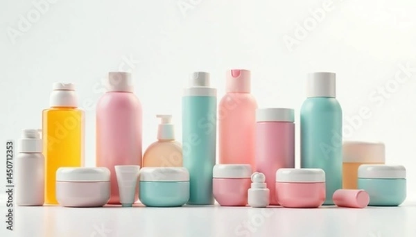 Fototapeta Array of various cosmetic containers on white , minimalist, shine, containers