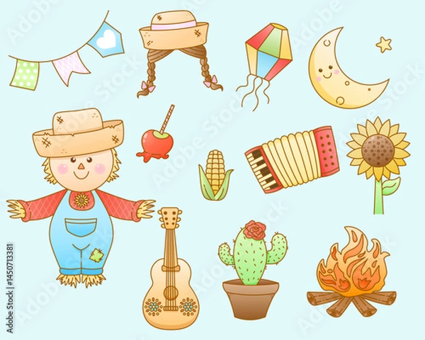 Fototapeta a vector illustration set of Brazilian Festa Junina element decorations with various elements and colorful. Festa Junina clip art decoration element. Perfect for project related festa junina.
