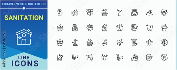 Fototapeta Sanitation linear icon set. Containing house hygiene, cleaner, wash, sweep and more. Cleaning icon set. Minimal thin line web icons set. Editable stroke. Vector illustration.