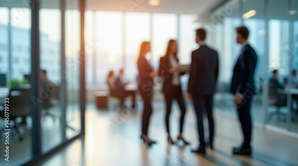 Fototapeta A spacious office space with a modern interior, blurred figures of employees, and soft natural light
