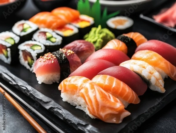 Fototapeta Captivating Close Up of Exquisite Sushi Platter with Vibrant Colors and Textures on Dark Background Perfect for Japanese Cuisine and Culinary Art