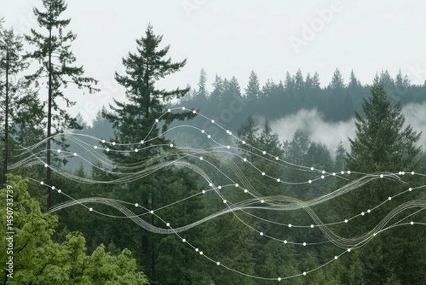 Fototapeta Misty forest landscape overlaid with data visualization, suggesting a connection between nature and technology.  Data streams flowing through a foggy mountain forest