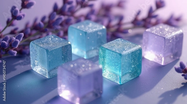 Obraz A surreal, photorealistic illustration featuring lavender sprigs and translucent ice cubes in shades of blue and purple.
