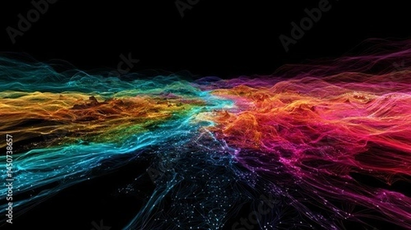 Fototapeta Flowing neon data streams forming a colorful wave-like network across a dark digital landscape