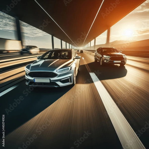 Fototapeta Two cars speeding on a highway during sunset with beautiful light and shadow play