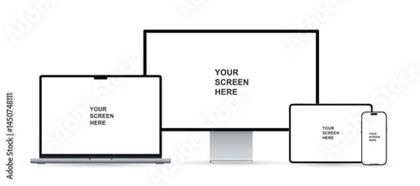 Obraz Realistic set of monitor, laptop, tablet, and smartphone. Modern digital devices collection. Vector illustration isolated on white background.