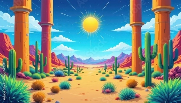 Fototapeta Vibrant Desert Landscape Illustration Sun, Cacti, and Colorful Columns