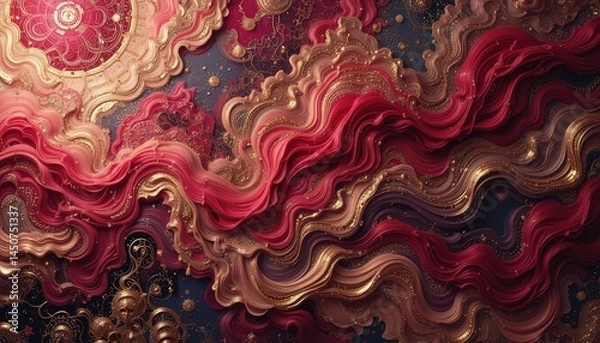 Fototapeta Opulent Waves of Crimson and Gold: An Intricate Abstract Design