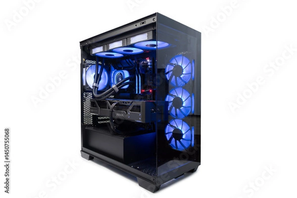 Fototapeta Isolated black destop computer middle size tower with blue LED RGB light