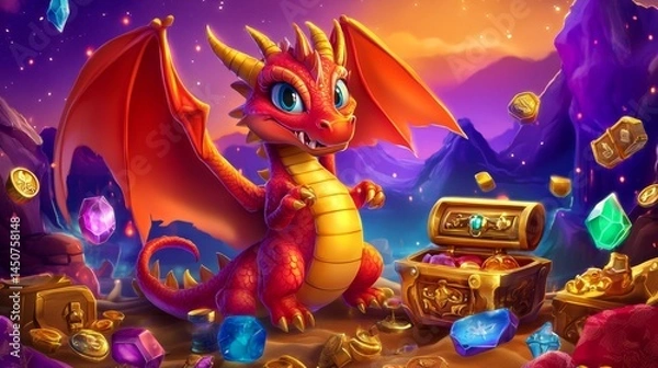 Obraz Adorable Dragon with Treasure Chest and Gems