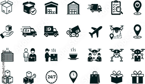 Fototapeta Delivery, logistics icon set. Vector glyph pictograms of package, truck, warehouse, drone, supply chain, shopping bag, shipping, courier, e-commerce concept black silhouette