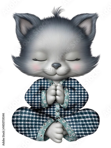 Fototapeta An adorable grey kitten wea blue plaid pajamas sits in a meditative pose with eyes closed, illustrating calmness and serenity on a white background image.
