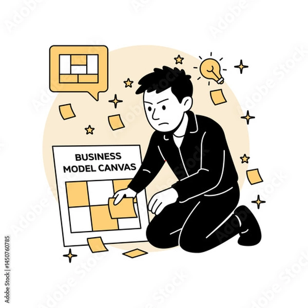 Fototapeta Vector illustration of a man planning a business model canvas with sticky notes and strategy icons. for tech startup planning, innovation, and entrepreneurial frameworks.