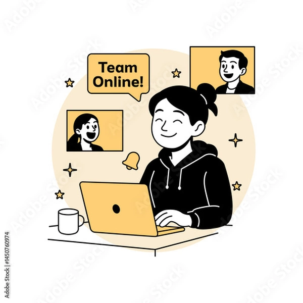 Fototapeta Vector illustration of a woman leading a remote startup team via online meetings, symbolizing virtual collaboration, digital teamwork, and remote tech startup management.