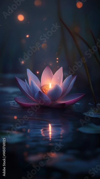 Fototapeta Macro Shot of a Pink Lotus Flower Illuminated by a Candle, Reflecting on Calm Water During Vesak Celebration
