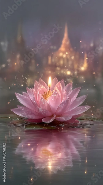 Fototapeta Floating Pink Lotus Flower During Vesak With Candlelight and Serene Reflections on Calm Water