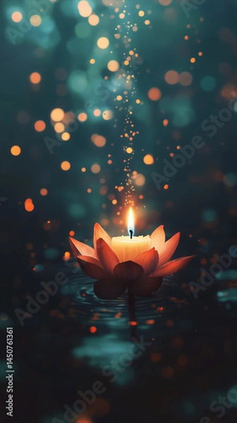 Fototapeta Serene Moments With a Pink Lotus Flower and Candlelight at Vesak Creating a Tranquil Ritual Atmosphere