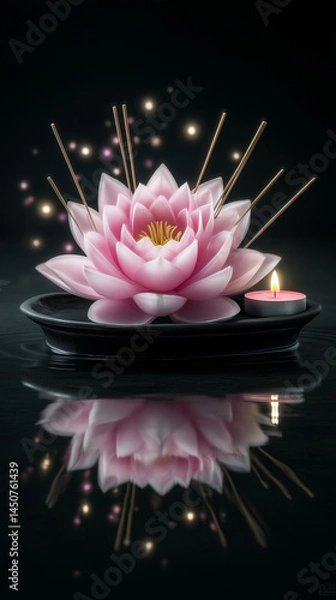 Fototapeta Macro Shots of a Pink Lotus Flower Floating on Calm Water During Vesak With Candlelight and Incense