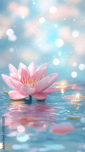Obraz Stunning Macro Views of Pink Lotus Flowers Reflecting in Calm Water During Vesak Celebration With Tranquil Candles and Delicate Lighting