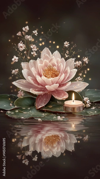 Fototapeta Beautiful Pink Lotus Flower Floating on Tranquil Water During Vesak With Glowing Candle and Serene Atmosphere