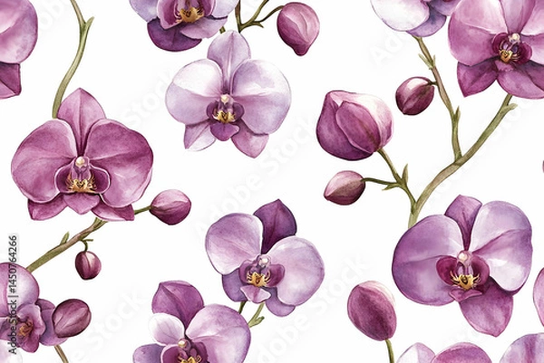 Fototapeta Intricate floral design of purple orchids on a white background.