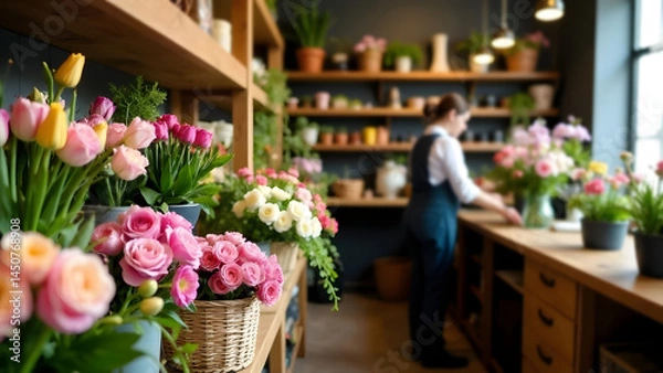 Fototapeta Flower shop interior with flower baskets in the foreground and a female florist working at the table in the background. Flower business concept. 