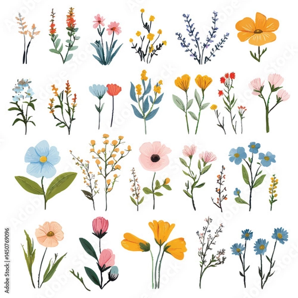 Obraz Cute Hand Drawn Wildflowers Collection on White Background for Botanical Designs, Invitations, and Nature Illustrations