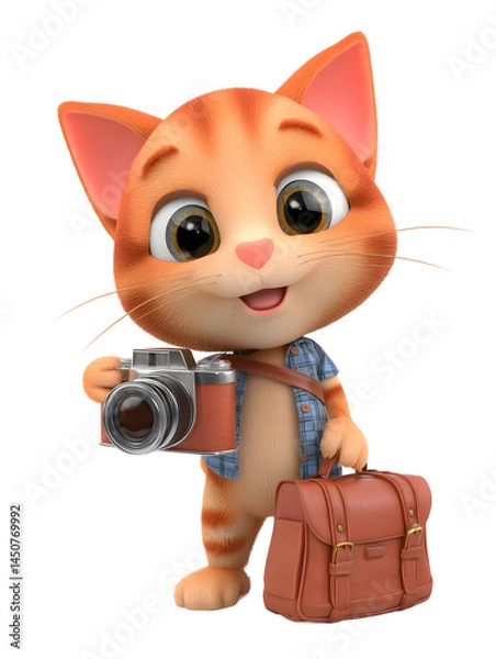Fototapeta A cheerful ginger cartoon cat, dressed for travel with a camera and bag, smiles happily on a bright white background making it ideal for creative projects.