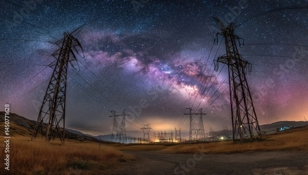 Fototapeta Powerlines reach the milky way, illuminating the night. Energy infrastructure