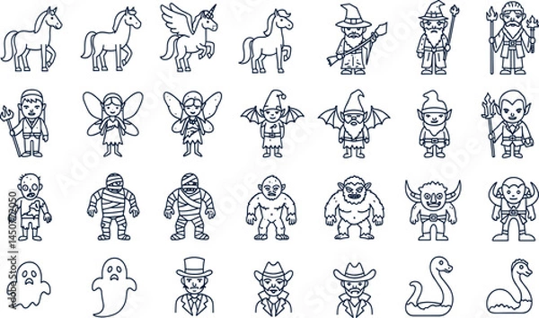 Fototapeta Transparent PNG available
Fantasy creature line icon set. Vector pictograms of unicorn, pegasus, dragon, witch, wizard, ghost, vampire, zombie. Mythical beings and monsters