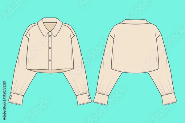 Fototapeta Ladies long sleeve crop shirt technical drawing fashion flat sketch vector illustration template outline CAD mockup front and back views.