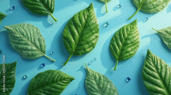 Obraz Vibrant green leaves and blue water drops on a light blue background. Clean, modern, and refreshing concept illustration.
