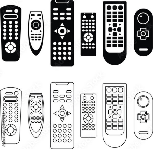 Fototapeta TV, Ac remote button icon set flat and line collection isolated on transparent background. It is an electronic device to operate smart TV from a distance technology wirelessly power for app and web