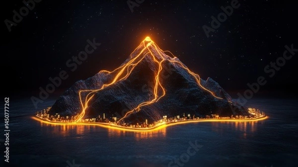 Fototapeta Glowing cityscape island mountain night digital art