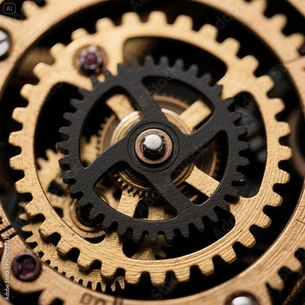 Obraz Close-Up of Intricate Gold and Black Gears in a Complex Mechanism