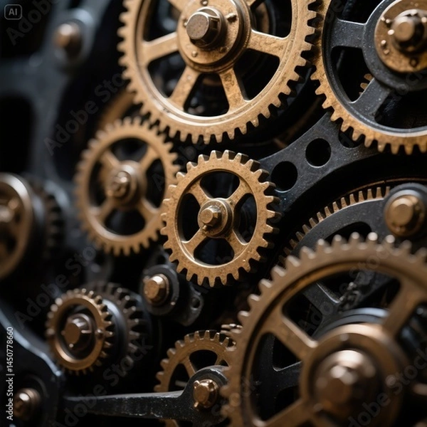 Obraz Close-Up of Intricate Gold and Black Gears in a Complex Mechanism